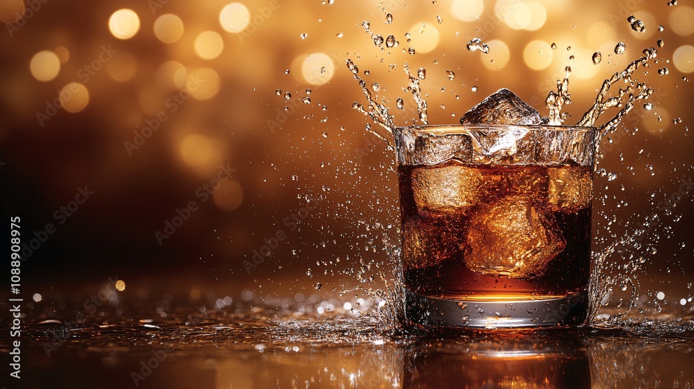 Poster 45-degree topview isolated on background a whiskey glass with swirling liquid and ice cubes splashin