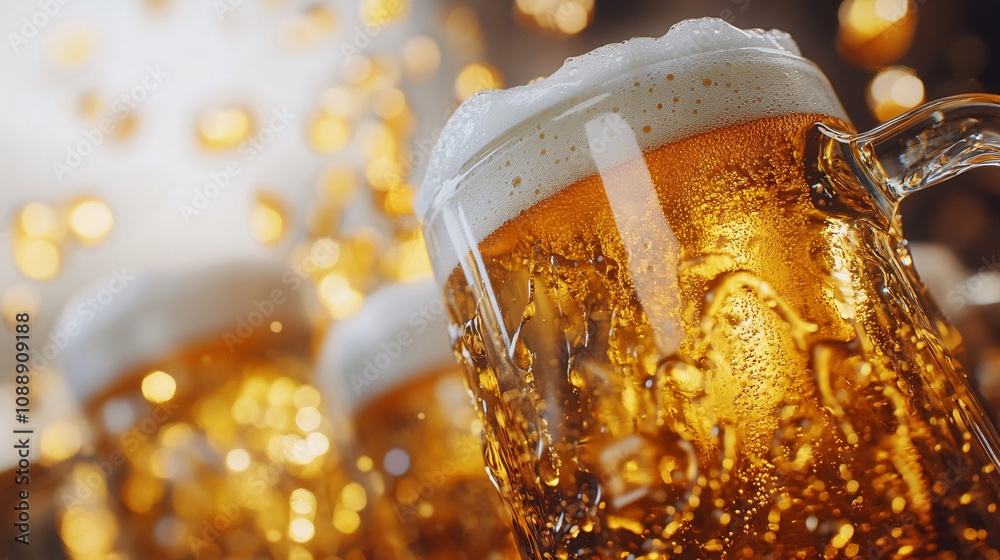 Poster 45-degree topview Isolated on background a frothy beer mug tilted slightly with foam dripping over the side as golden liquid splashes on a pale amber background with side empty space for text