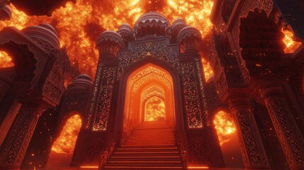 Obraz premium Radiant staircase surrounded by luminous clouds, leading to a heavenly gate with intricate designs.