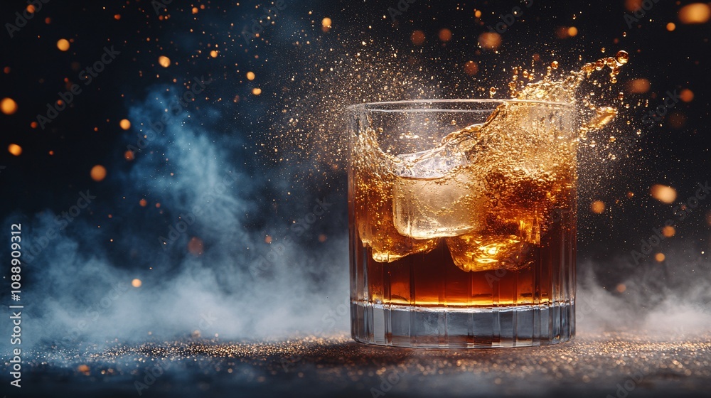Poster 45-degree topview Isolated on background a whiskey tumbler colliding with another glass creating a splash of golden liquid with a few ice cubes mid-motion on a smoky gray background with side empty