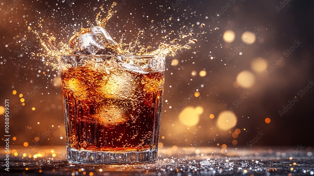 Poster 45-degree topview Isolated on background a whiskey tumbler colliding with another glass creating a splash of golden liquid with a few ice cubes mid-motion on a smoky gray background with side empty