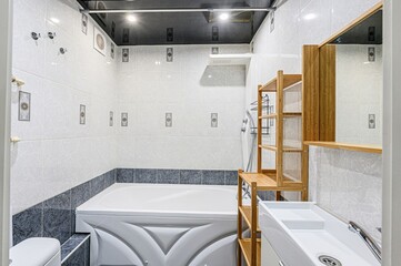 interior apartment room bathroom, sink, decorative elements, toilet. WC, sanitary unit, wash room
