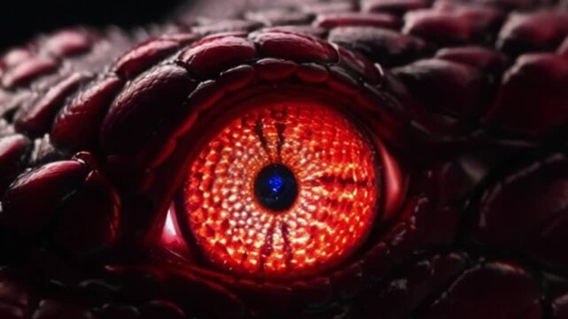A close up of a snake's eye with a red glow