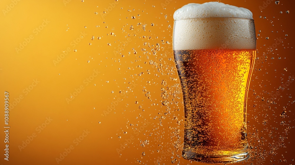 Leinwandbilder 45-degree topview isolated on background a tall beer glass tilted with frothy foam cascading as bubb
