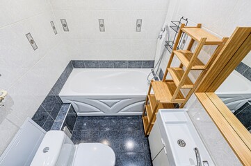 interior apartment room bathroom, sink, decorative elements, toilet. WC, sanitary unit, wash room