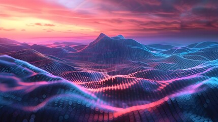 Futuristic digital landscape featuring a perspective grid overlaid with abstract gradient waves of...