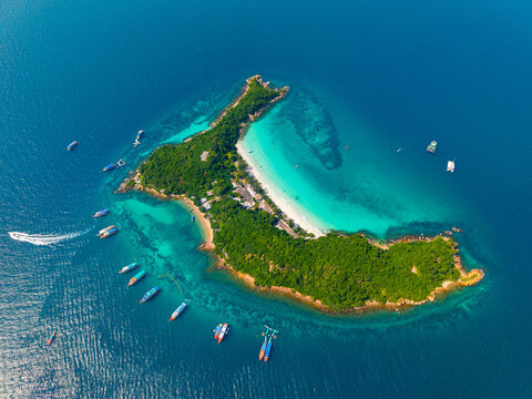 Beautiful island Koh Sak with white beach and turquoise sea, Pattaya Thailand, aerial view