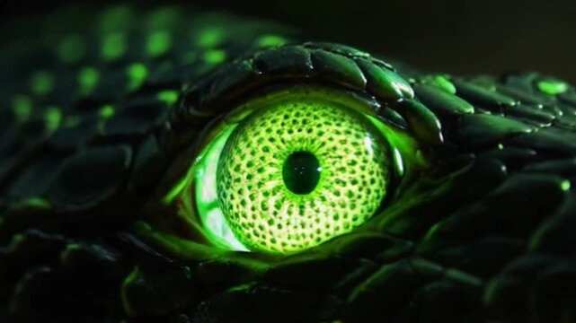 A close up of a green snake's eye with a glowing green pupil