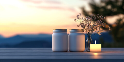 A serene scene featuring two white jars, a lit candle, and delicate flowers on a wooden table, bathed in warm sunset light.