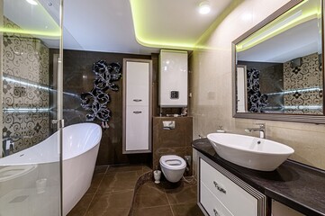 interior apartment room bathroom, sink, decorative elements, toilet. WC, sanitary unit, wash room