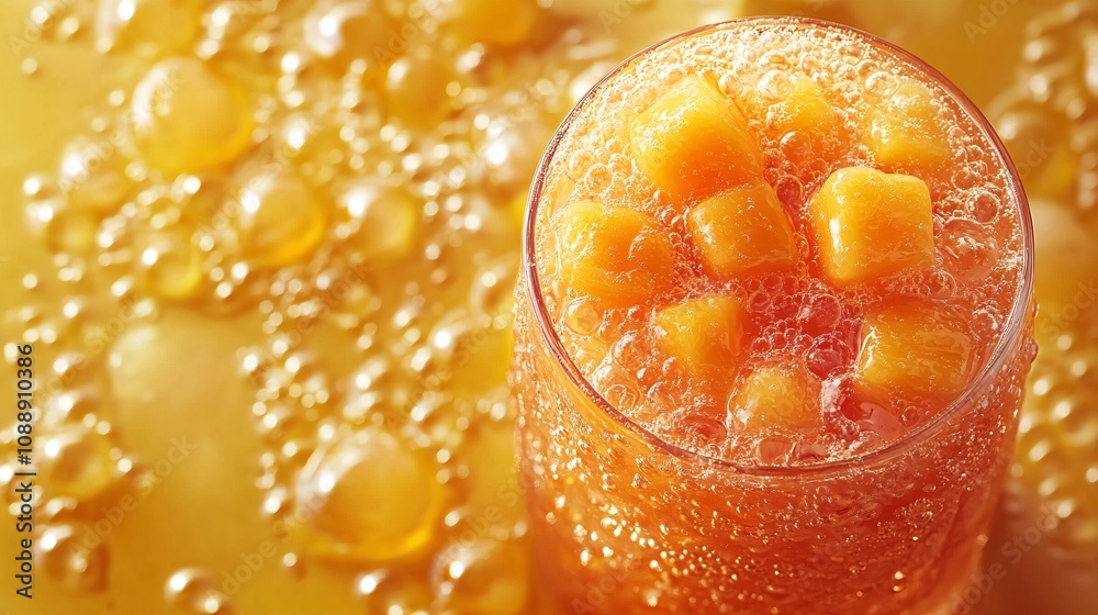 Aufkleber 45-degree topview Isolated on background a tropical mango soda with rich orange mango juice layered beneath fizzy soda topped with mango chunks creating a water splash on a matching golden yellow