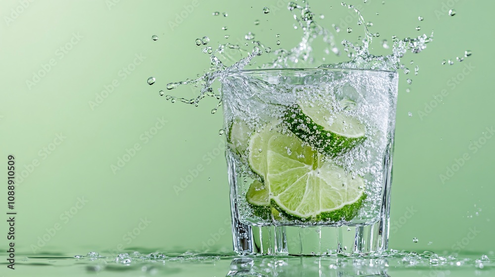 Fototapete 45-degree topview Isolated on background a cool lime soda drink with vibrant green lime juice layered under fizzy soda topped with lime slices splashing dynamically on a light green background with