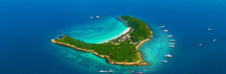 Aerial view Koh Sak island with white beach and turquoise sea, Pattaya Thailand