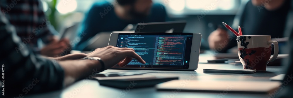 Poster A person coding on a tablet during a collaborative meeting with others in the background.