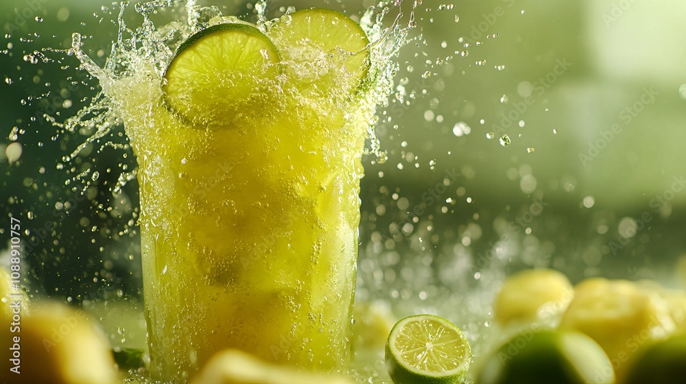 Fototapete 45-degree topview Isolated on background a cool lime soda drink with vibrant green lime juice layered under fizzy soda topped with lime slices splashing dynamically on a light green background with