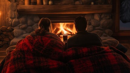 couple sitting by a fireplace in a cozy cabin, wrapped in blankets