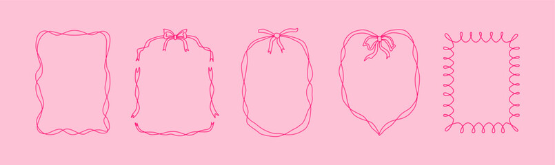 Linear ribbon and bows frames. Hand drawn doodle girly coquette line art. Linear pink trendy borders for wedding invitation, cards for birthday, Valentine's day. Whimsical minimalist design. Vector.