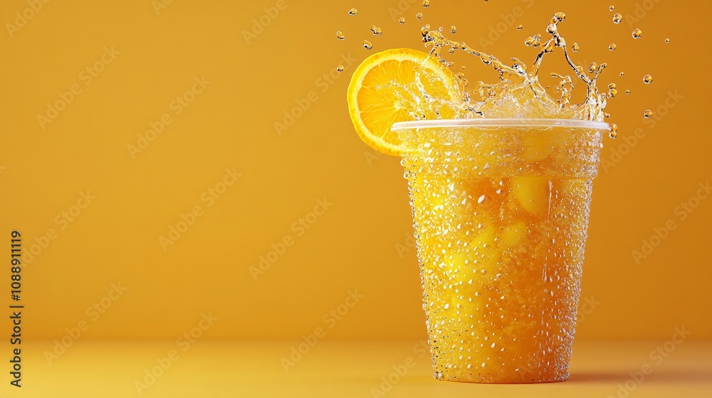 Poster 45-degree topview isolated on background a vibrant orange soda drink with sunny orange juice layered
