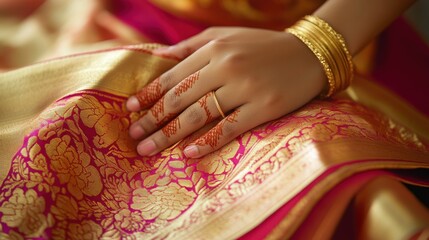 Obraz premium Skilled fingers work delicately on a loom, creating a stunning silk saree with intricate designs