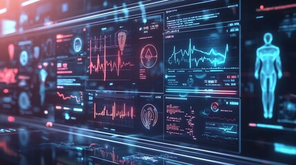 Obraz premium Futuristic Health Dashboard Tracking Holographic Wellness Metrics and Analytics