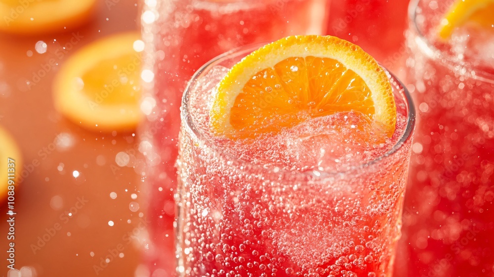 Poster 45-degree topview isolated on background a vibrant orange soda drink with sunny orange juice layered