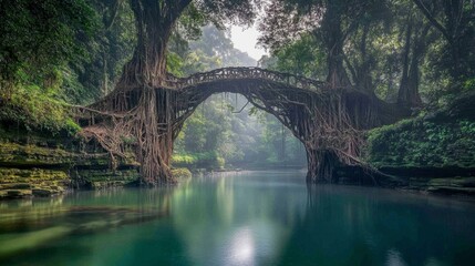 Fototapeta premium Majestic Living Root Bridge Surrounded by Lush Greenery and Tranquil Waters, Reflecting the Beauty of Nature in a Mystical Forest Setting