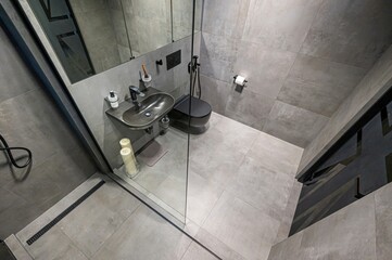 interior apartment room bathroom, sink, decorative elements, toilet. WC, sanitary unit, wash room