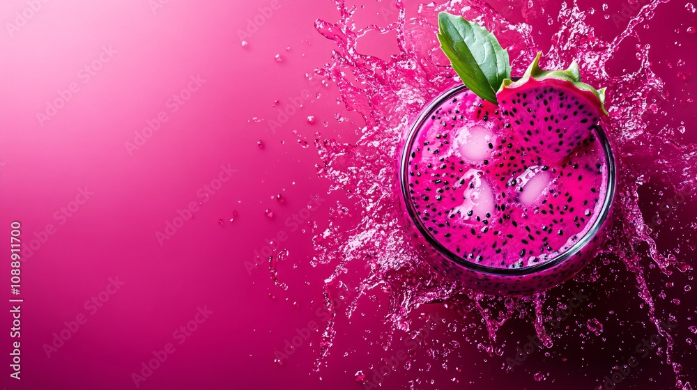Poster 45-degree topview isolated on background a unique dragon fruit soda with vibrant magenta juice layer
