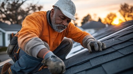 Man working on rooftop installing shingles at sunset wearing safety gear, including gloves and a hard hat, in a residential area.