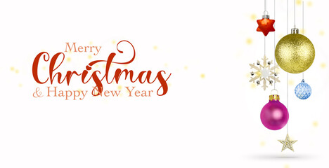 Christmas illustration, merry christmas, colorful decorations. A beautiful banner with space for copy, text and advertising. Colorful Christmas Toys, Balls, Snowflakes, White Background