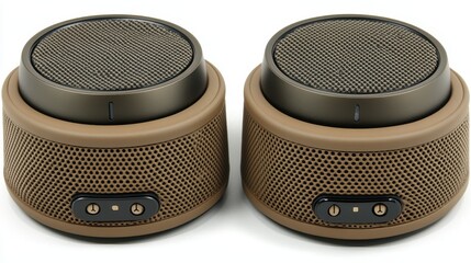 Obraz premium Pair of compact, brown speakers with mesh grilles.