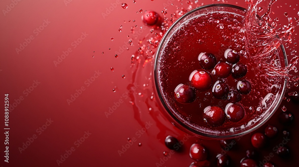 Poster 45-degree topview isolated on background a tart cranberry soda drink with deep red cranberry juice l