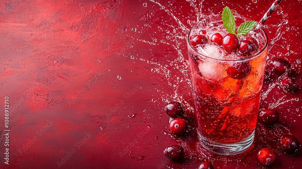 Poster 45-degree topview isolated on background a tart cranberry soda drink with deep red cranberry juice l