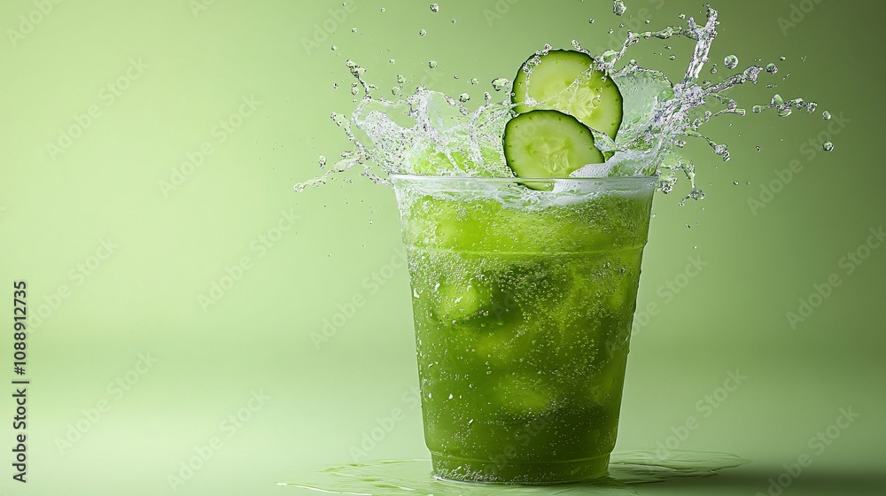 Poster 45-degree topview Isolated on background a refreshing cucumber soda with light green cucumber juice layering under fizzy soda topped with cucumber slices splashing gracefully on a pastel green