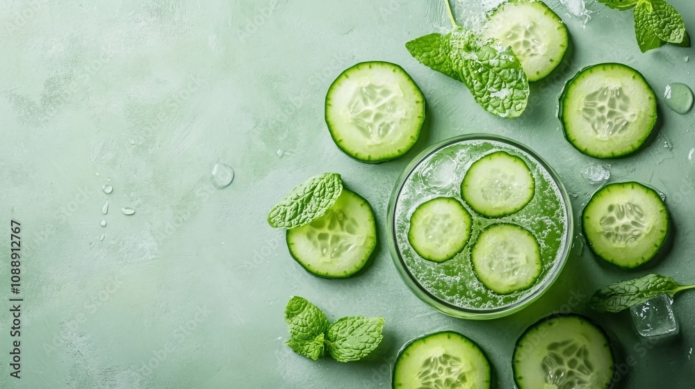 Poster 45-degree topview Isolated on background a refreshing cucumber soda with light green cucumber juice layering under fizzy soda topped with cucumber slices splashing gracefully on a pastel green