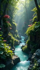 Lush Green Forest River in Magical Canyon