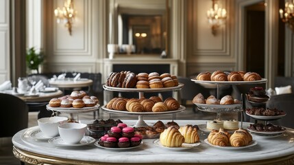 Elegant Display of Assorted Pastries and Desserts in Luxurious Setting with Classic Decor and Soft Lighting Perfect for Culinary or Hospitality Themes