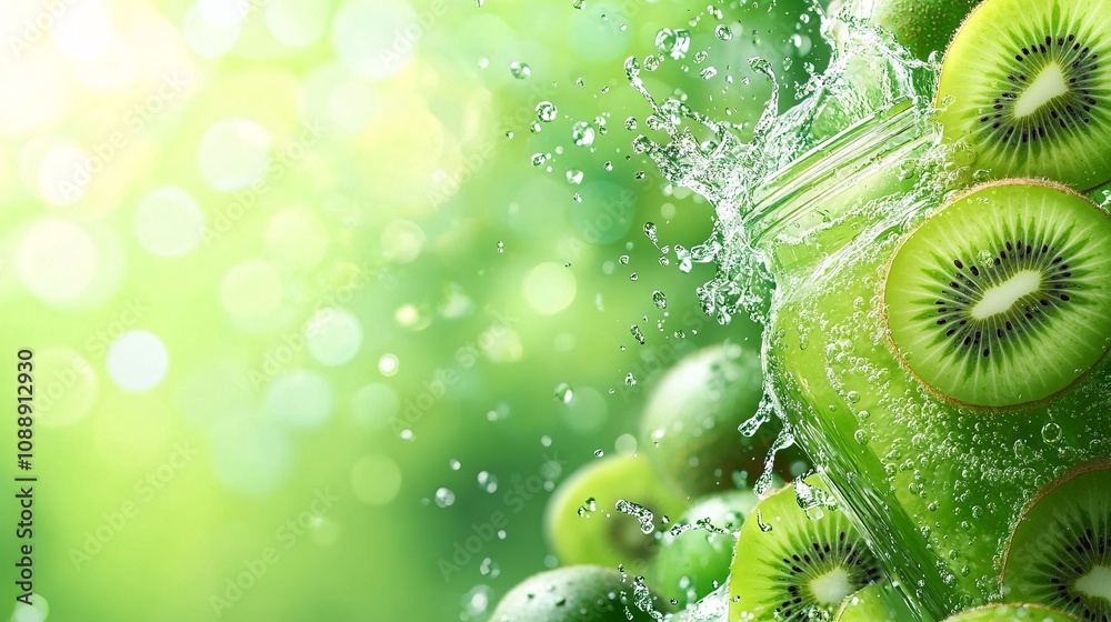 Fototapete 45-degree topview Isolated on background a zesty kiwi soda with green kiwi juice layering under sparkling soda topped with kiwi slices splashing boldly on a vibrant green background with side empty