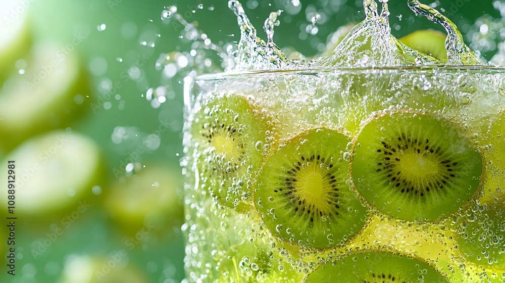 Poster 45-degree topview Isolated on background a zesty kiwi soda with green kiwi juice layering under sparkling soda topped with kiwi slices splashing boldly on a vibrant green background with side empty