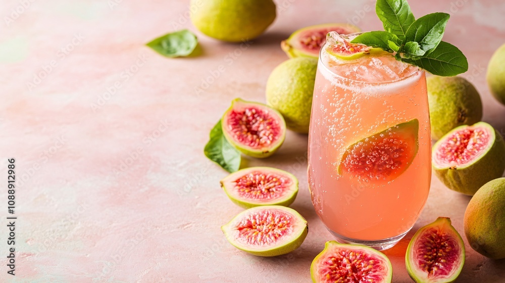 Aufkleber 45-degree topview Isolated on background a tropical guava soda with soft pink guava juice layered beneath fizzy soda and garnished with guava slices splashing delicately on a matching pastel pink