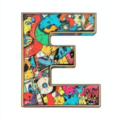 Colorful letter "E" filled with abstract patterns and vibrant colors.
