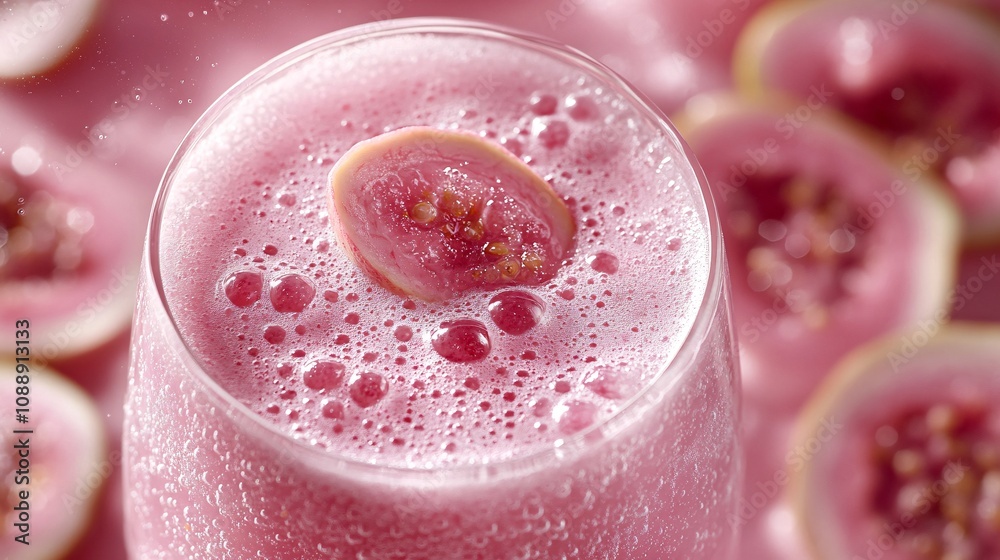 Poster 45-degree topview Isolated on background a tropical guava soda with soft pink guava juice layered beneath fizzy soda and garnished with guava slices splashing delicately on a matching pastel pink