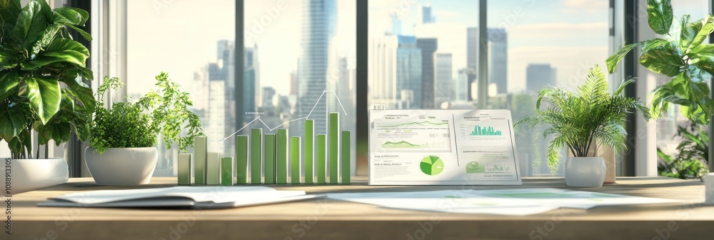 Aufkleber a modern office workspace with charts and greenery, emphasizing data analysis and productivity.