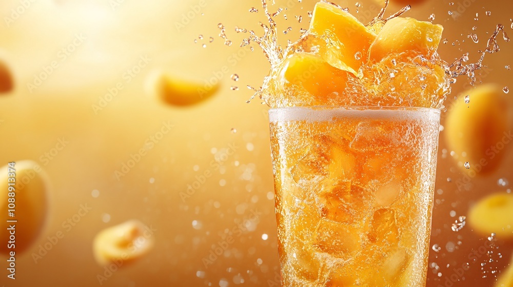 Poster 45-degree topview Isolated on background a luscious peach soda with golden-orange peach juice layered beneath clear sparkling soda topped with peach slices splashing dynamically on a peach-toned