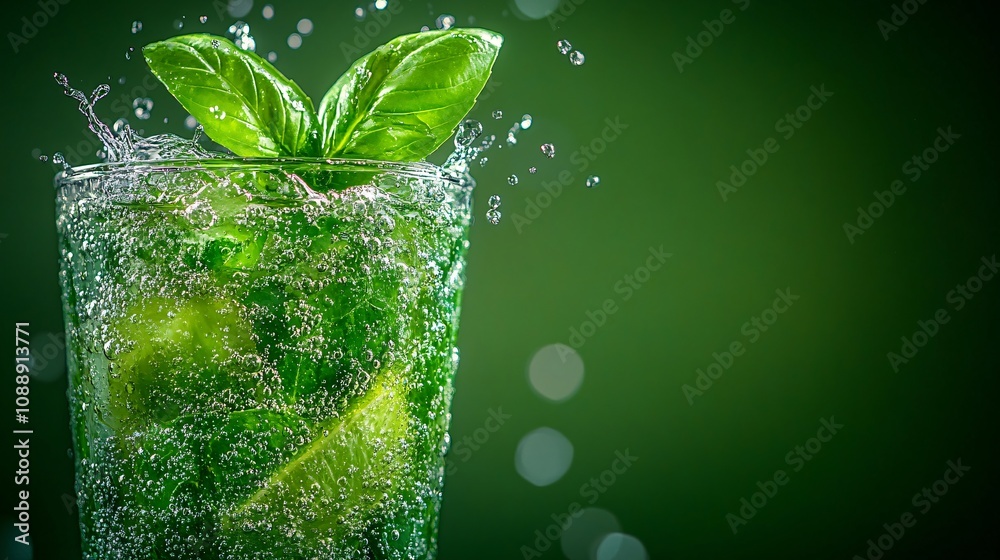 Fototapete 45-degree topview isolated on background a unique basil lime soda with soft green juice layering und
