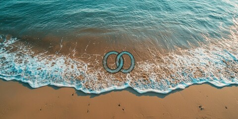 Naklejka premium Peace sign drawn in the sand on a beach with ocean waves nearby