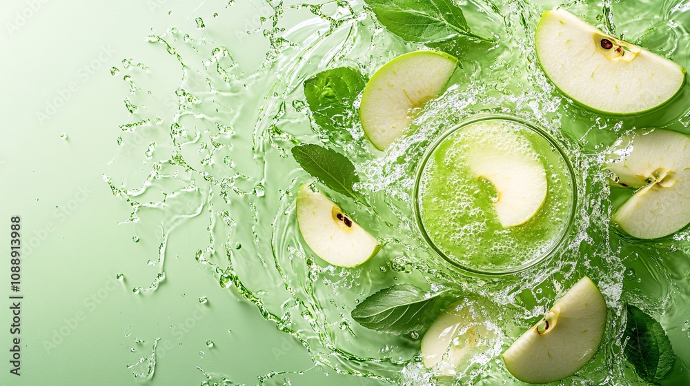Fototapete 45-degree topview Isolated on background a tangy apple soda drink with crisp green apple juice layering beneath fizzy soda topped with apple slices creating a clean splash on a matching green