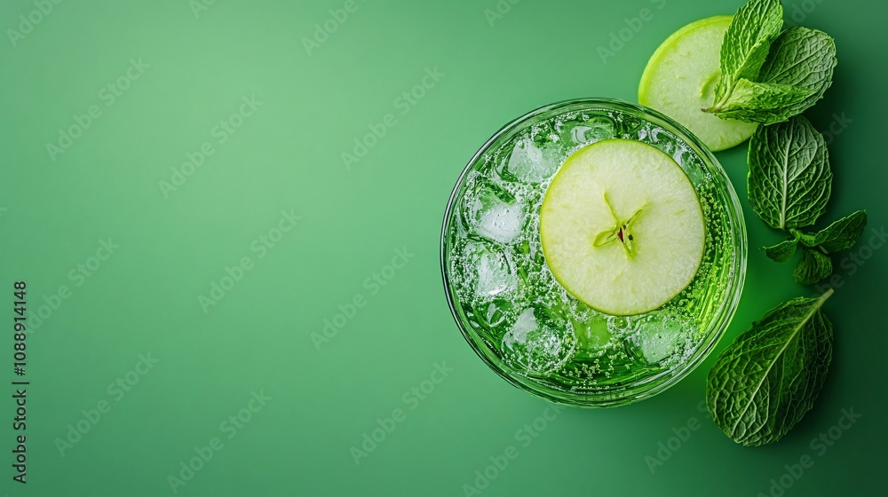 Poster 45-degree topview isolated on background a tangy apple soda drink with crisp green apple juice layer