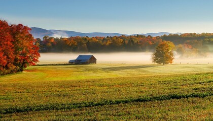 Fototapeta premium misty autumn morning on a farm field in vermont