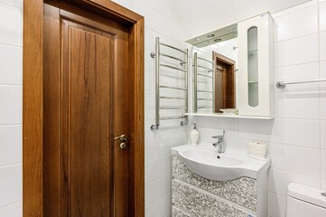 interior apartment room bathroom, sink, decorative elements, toilet. WC, sanitary unit, wash room